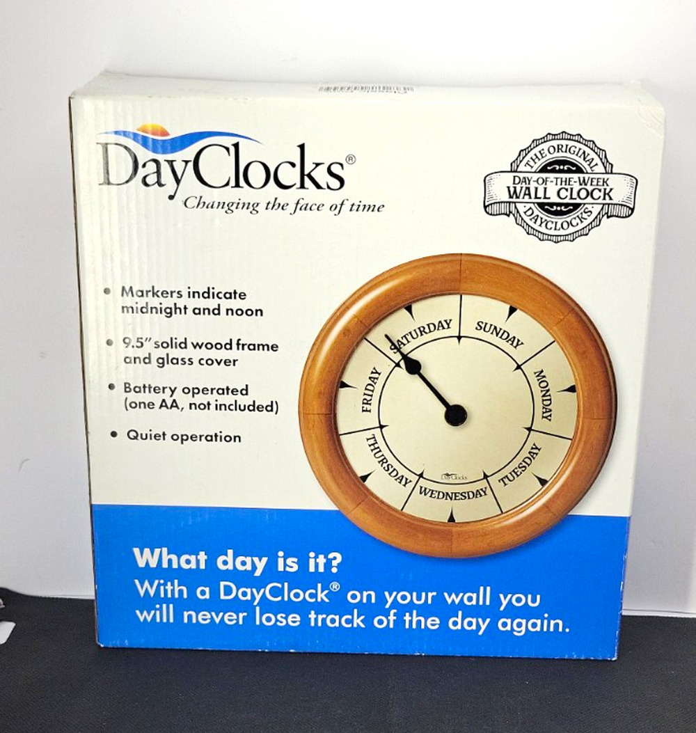 DayClocks Day-of-the-Week Round Wood Wall Clock Quartz Battery Quiet 9.5 in